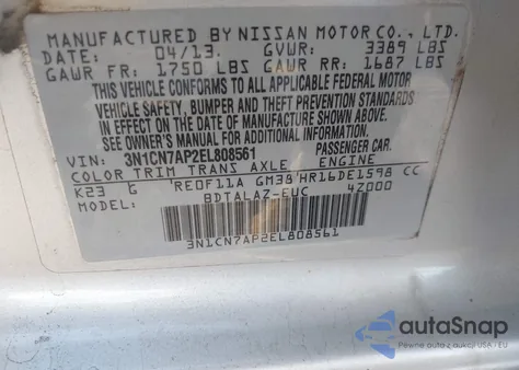 2014 Nissan Versa 1.6 S+ z USA, uszkodzony, nr VIN 3N1CN7AP2EL808561